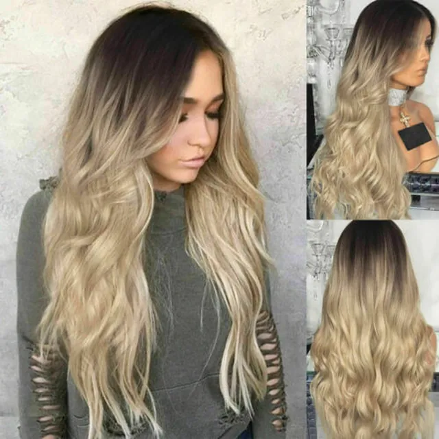 28" Women Ombre Blonde Long Curly Wigs Ladies Natural Wavy Hair Cosplay Wig in GB