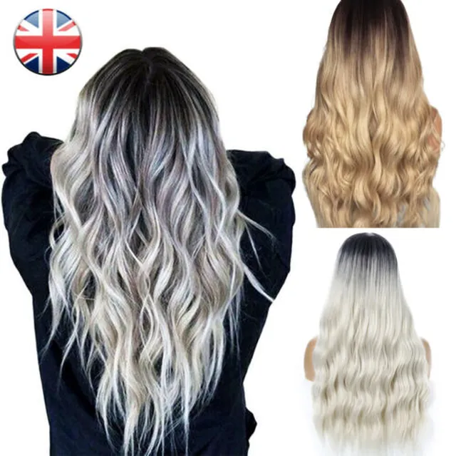 28" Women Ombre Blonde Long Curly Wigs Ladies Natural Wavy Hair Cosplay Wig in GB