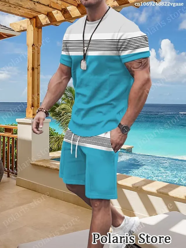 Summer Men's Striped Tracksuit Male Clothing 2 Piece Outfit Sportswear Short Sleeve T-Shirt Streetwear Fashion Set in GB
