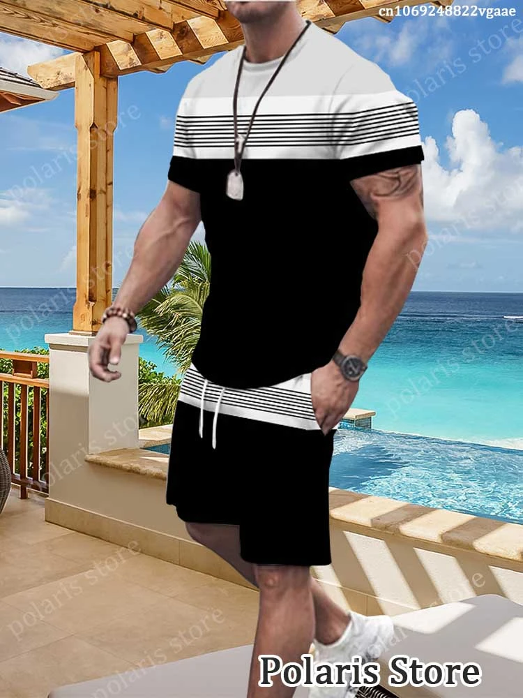 Summer Men's Striped Tracksuit Male Clothing 2 Piece Outfit Sportswear Short Sleeve T-Shirt Streetwear Fashion Set