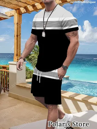 Summer Men's Striped Tracksuit Male Clothing Piece Outfit Sportswear - Groceries & Household - main product image