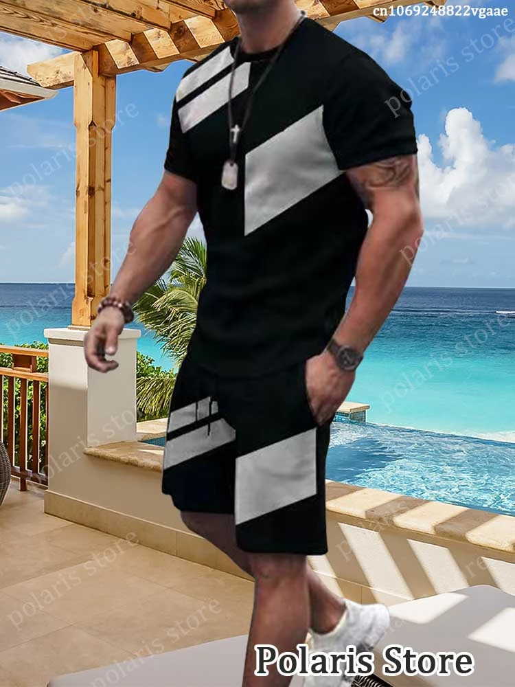 Summer Men Solid Color Tracksuit Short Sleeve T Shirt Set 2 Piece Outfit Clothes Sportswear Oversized Beach Shorts