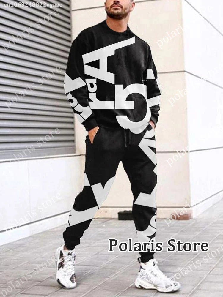 Summer Black Tracksuit Set For Men 2 Piece Outfit Long Sleeve T Shirt Trousers Pants Sweatpants Jogging Suit Oversized Clothes in GB