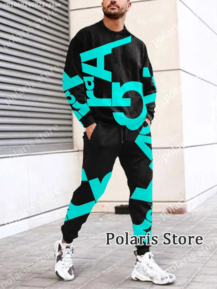 Summer Black Tracksuit Set For Men 2 Piece Outfit Long Sleeve T Shirt Trousers Pants Sweatpants Jogging Suit Oversized Clothes in GB