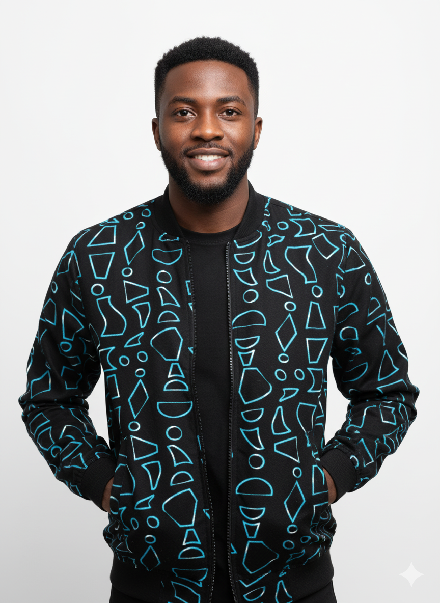 Bomber Jacket - Black Geometric Print Bomber Jacket – Zip-Up Streetwear Jacket
