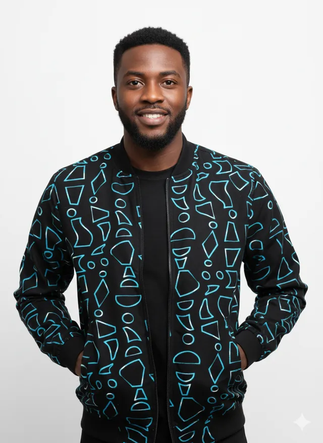 Bomber Jacket - Black Geometric Print Bomber Jacket – Zip-Up Streetwear Jacket in GB