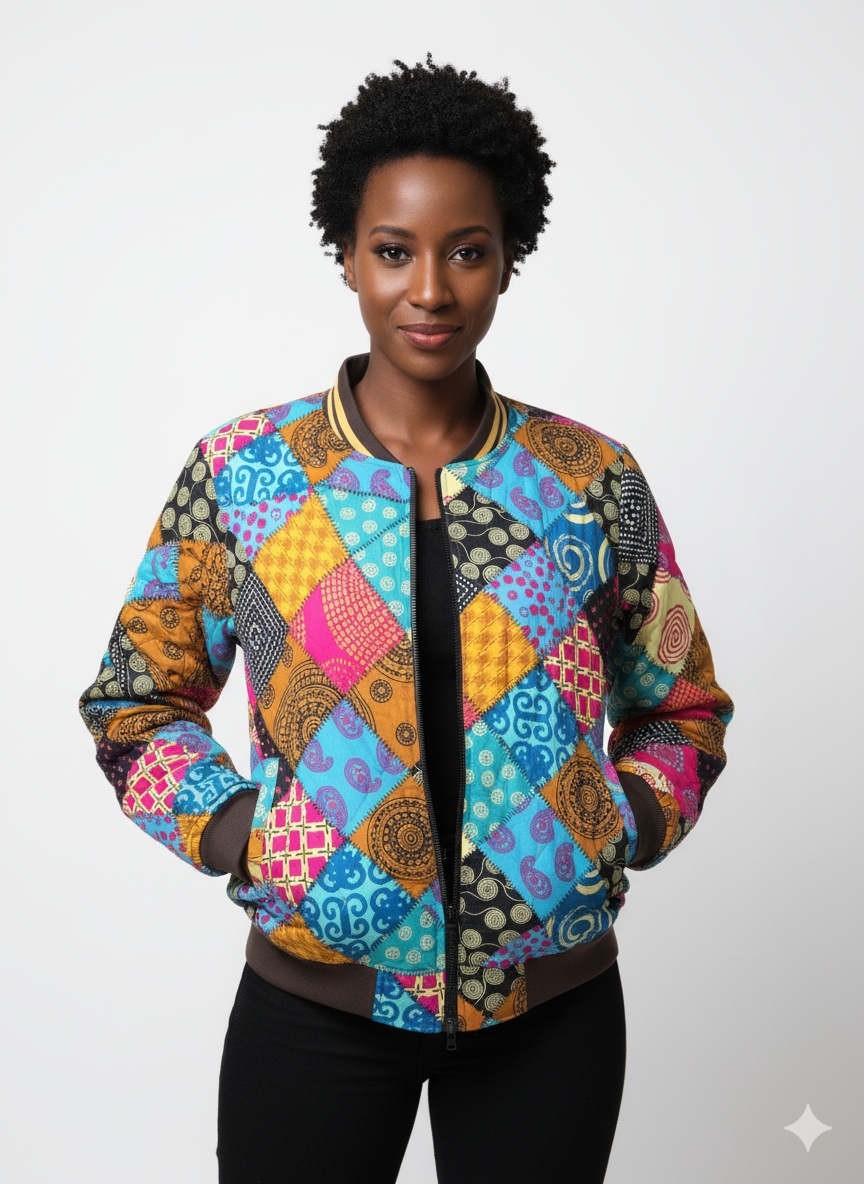 Bomber Jacket - Unisex African Print Bomber Jacket – Multicolour Patchwork Zip-Up, Well-Lined & Cosy