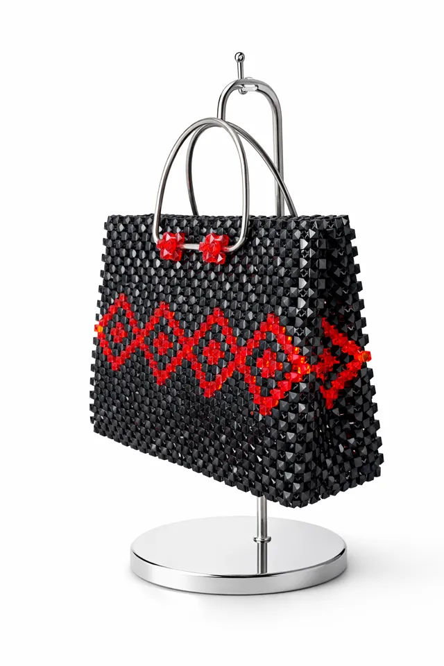 Handmade Black/Red Beaded Handbag With Red Pattern Handmade Crystal Evening Handbag in GH