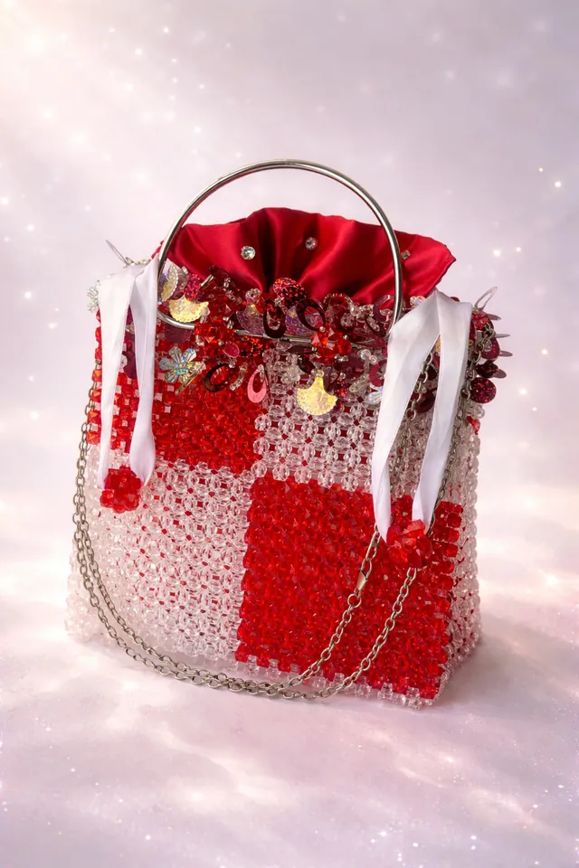 Handmade Red & Clear Beaded Bag with Satin Lining and Floral Detail – Chain Strap & Ring Handles. Length - 15cm Width - 15 cm in GH