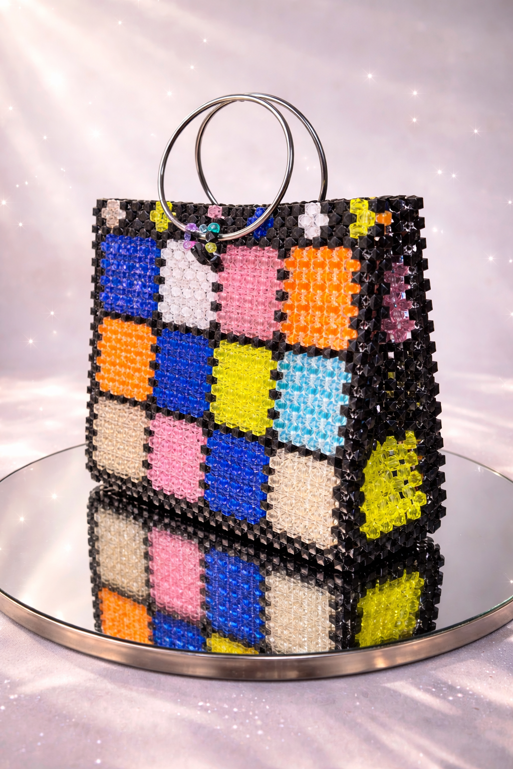 Handmade Multicolour Beaded Bag with Ring Handles – Statement Accessory