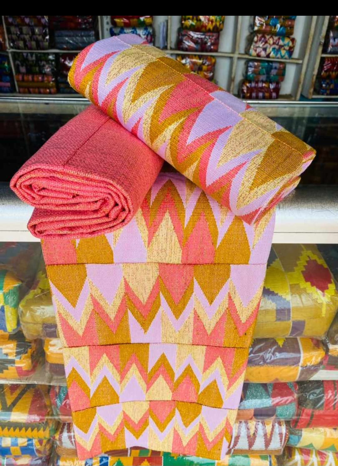 Kente Authentic Handwoven Gold, Pink & Lilac Kente Fabric – Ghanaian Traditional Cloth 45x65 Inches | 6-yard set (3 pieces)| Kente for Weddings in UK in GB