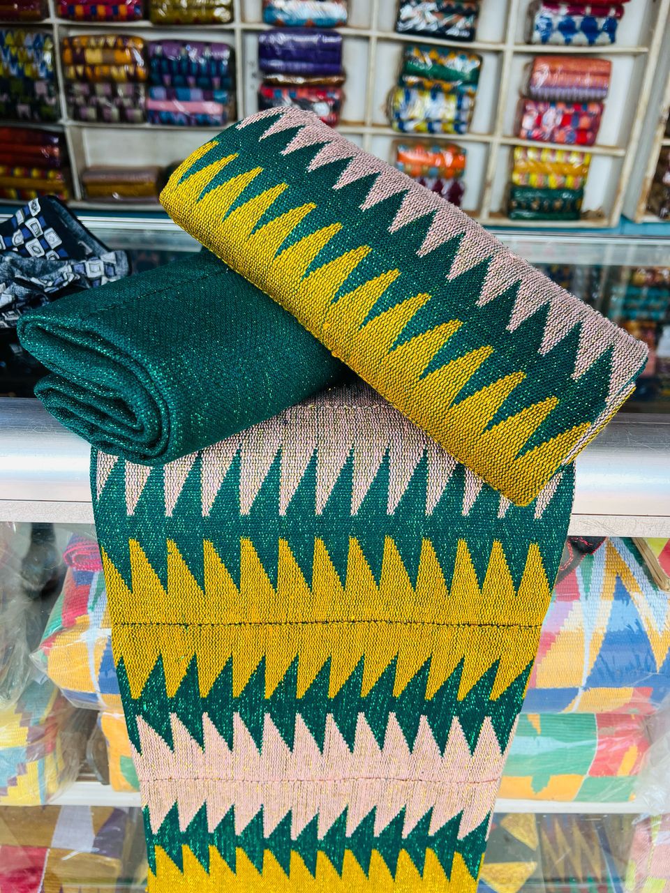 Kente - Authentic Edwensidwenso Kente Fabric – Handwoven Ghana Cloth in Green, Yellow & Pink | 6-yard set (3 pieces) 45x65 Inches Each | Traditional Kente in UK in GB