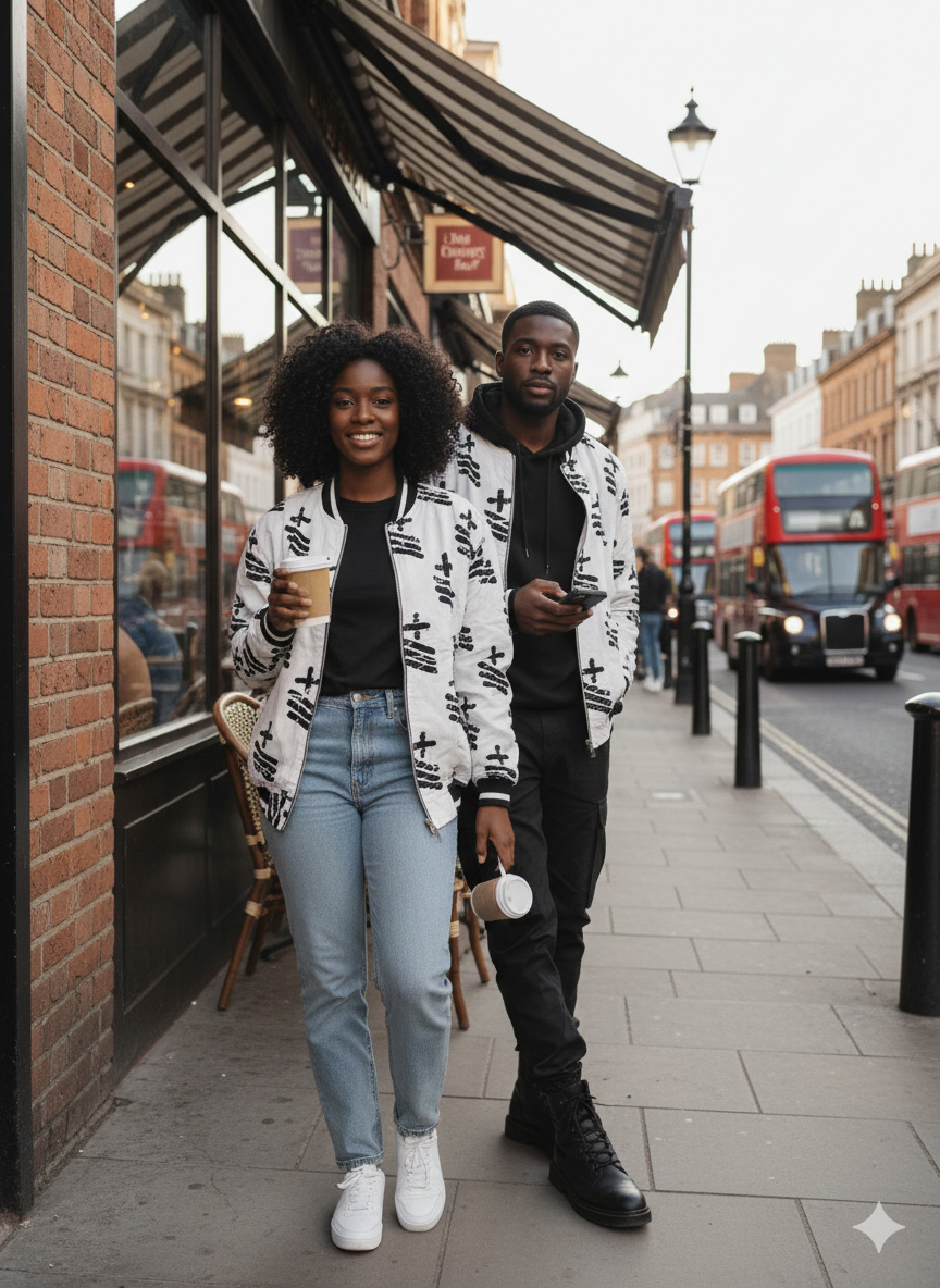 Bomber Jacket - Unisex Jacket – Black & White Print, Zip-Up, Well-Lined & Cosy