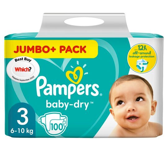 Asda Green Pampers New Baby Size 3, 100 Nappies, 6kg -10kg, Jumbo+ Pack in GH