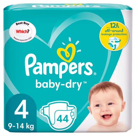 Asda Pampers Baby-Dry Size 4, 9kg To 14kg, 44 Nappies In Essential Pack in GH