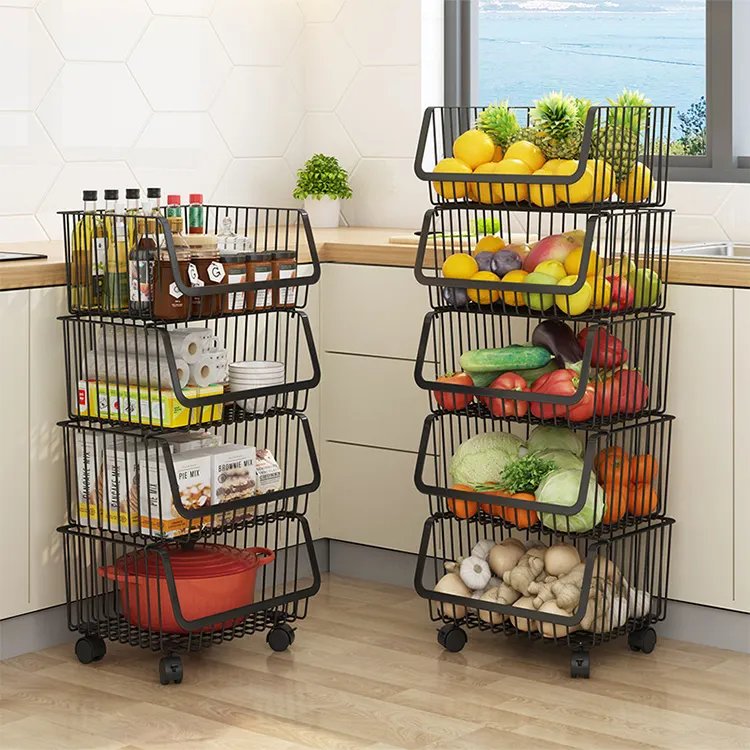 Trolley basket movable kitchen shelf Stainless steel food rack storage
