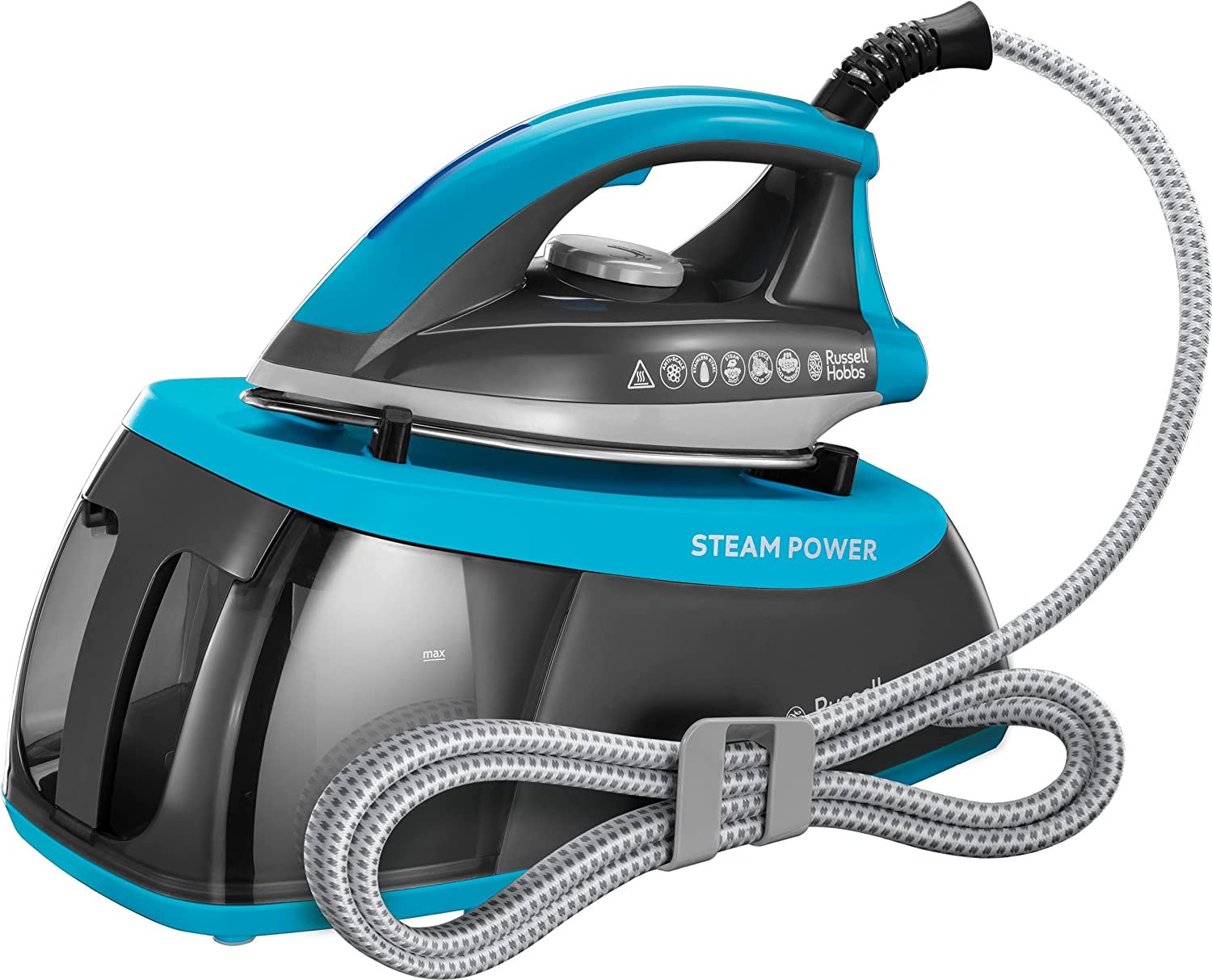 Russell Hobbs 24510 Steam Power Aqua - Steam Generator Iron with Stainless Steel Non-Stick Soleplate ans Fast 1 Minute Heat-Up, 1.3 Litres, 2400 Watts, Aqua in GH