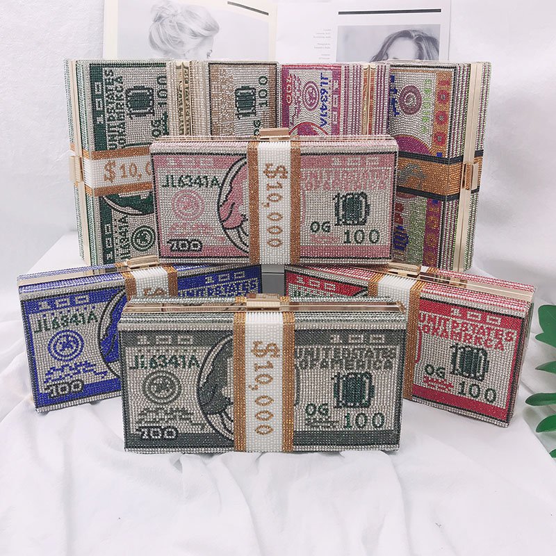 Luxury $100 Dollars Rhinestone Crystal Money Bag Clutch evening bag 100 dollar women Purse shoulder bags Party and Handbags in GH