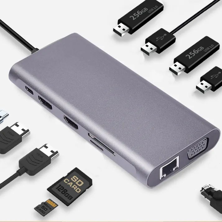 Aluminum Design 11 in 1 Type-C Hub Multiport Dock Station with USB3.0 PD SD/TF 4K HDMI VGA RJ45 Adapter Computer Accessories in GH