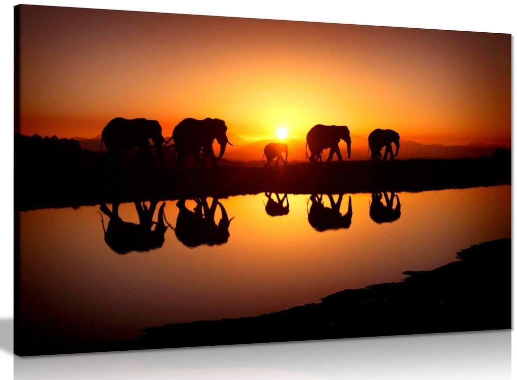 African Sunset Elephants Nature Wildlife Canvas Wall Art Picture Print