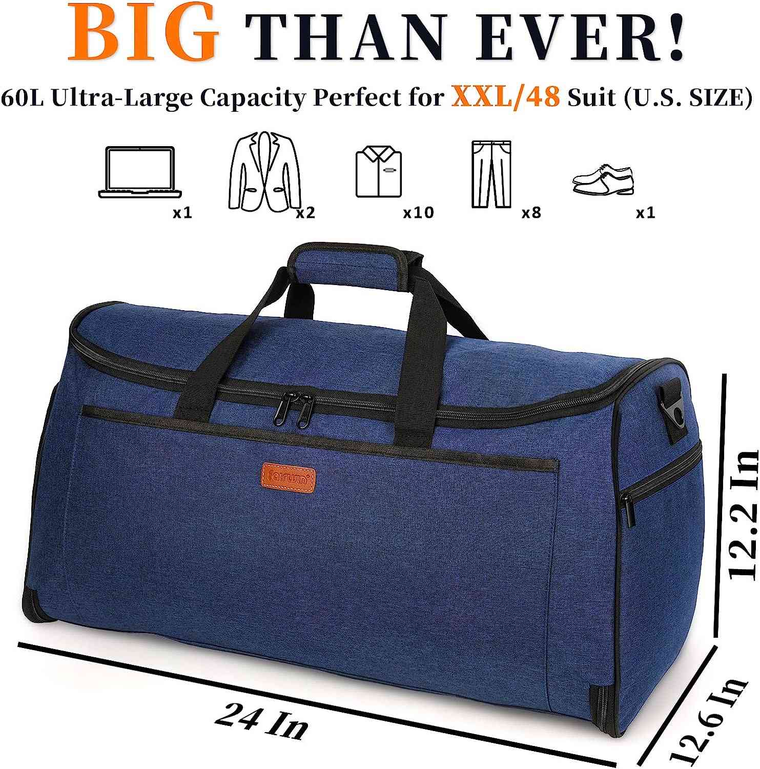 Fairwin Garment Bags for Travel Suit Bags for Men 60L Waterproof Carry On Hanging Garment Duffle Bag for Men Convertible Garment Bag with Shoes Compartment 2-in-1 Suit Carrier Weekender Bag, Blue, 60L