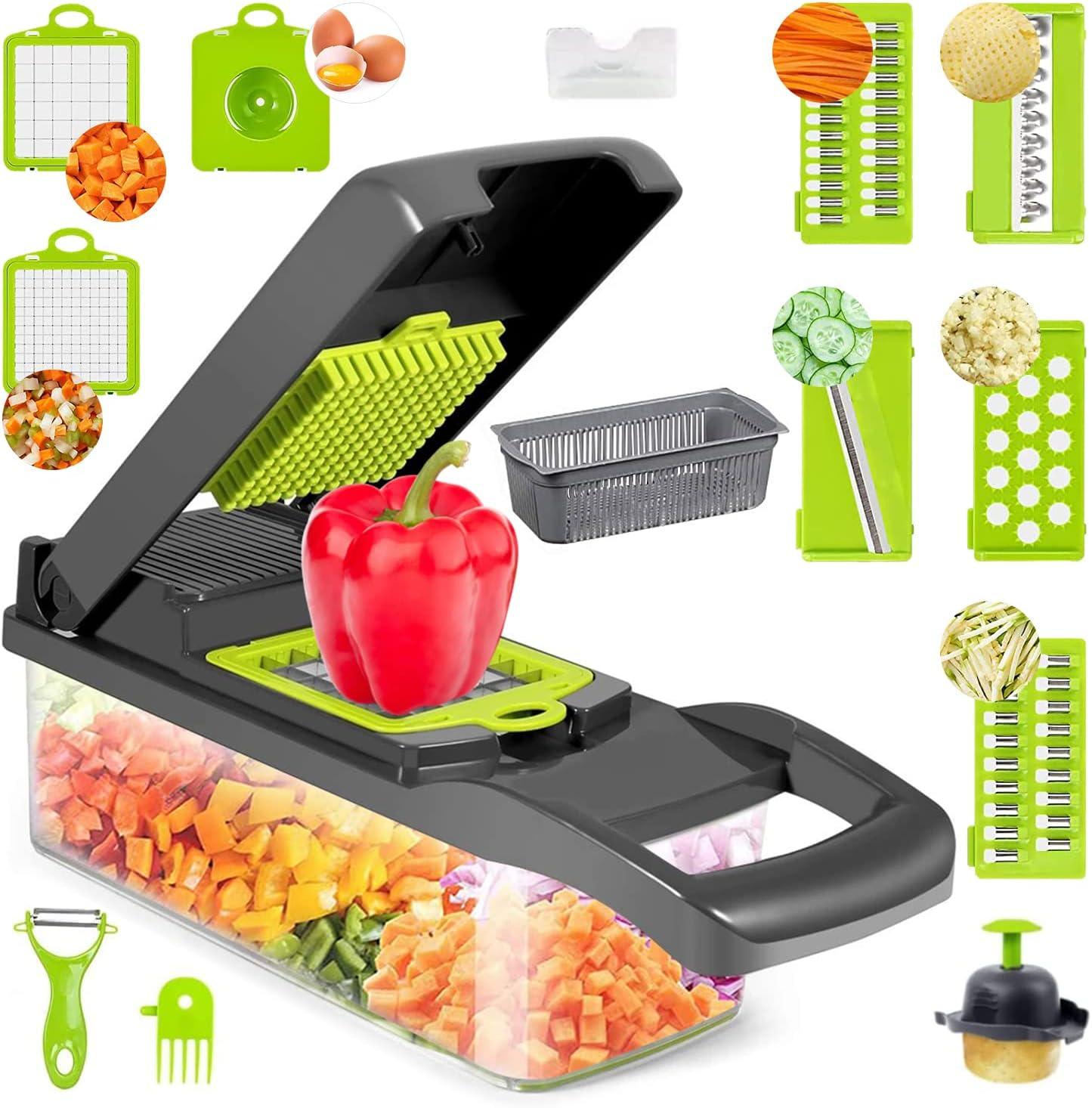 Vegetable Slicer, Fruit Meat Cutter, Veggie Chopper Grater 12 In 1 Multifunctional, Mandoline Slicer, Food Chopper Onion Cutter, Interchangeable Blades, Hand Guard, Egg Separator, Cleaning Brush, 2-in-1 Drain Basket & Storage Container