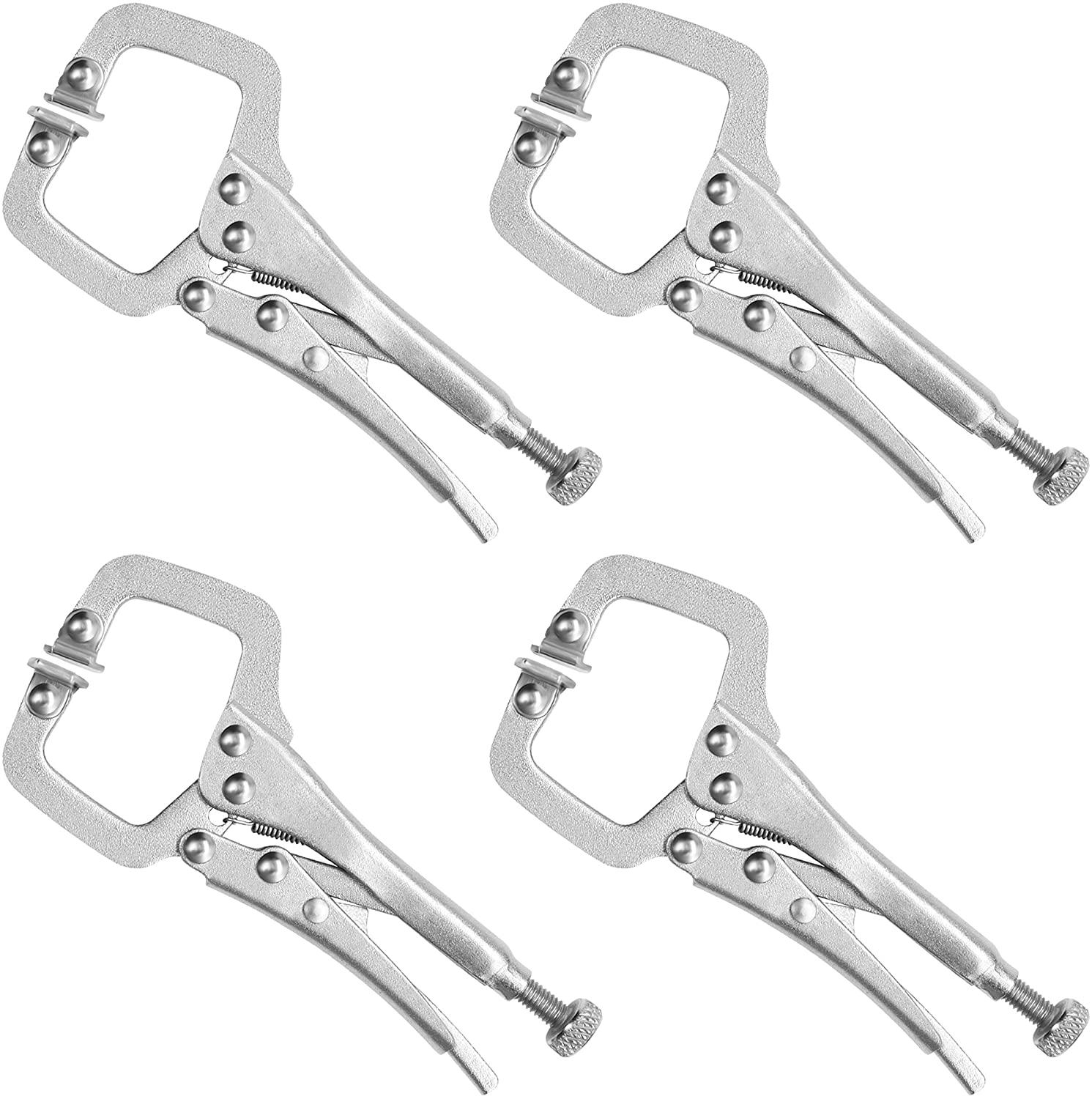 Metal Grip Locking C Clamp Pliers with Adjustable Screw and Swivel Pads (4 Pack) - Mini Easy and Quick Release Welding Pliers for Uneven Surfaces, Angles, Crafts & Hobbies