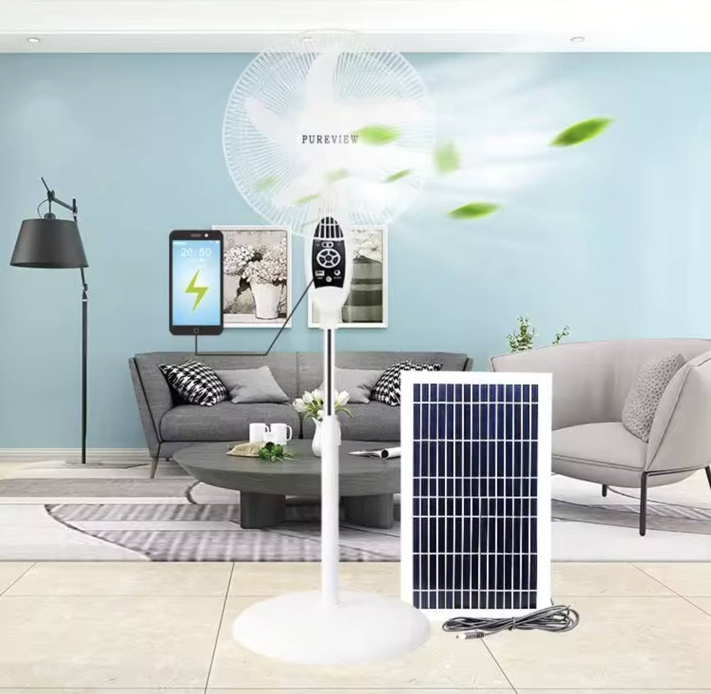 Solar Electric Rechargeable Fan 18 Inch 3-9hours With battery, remote control and Solar panel