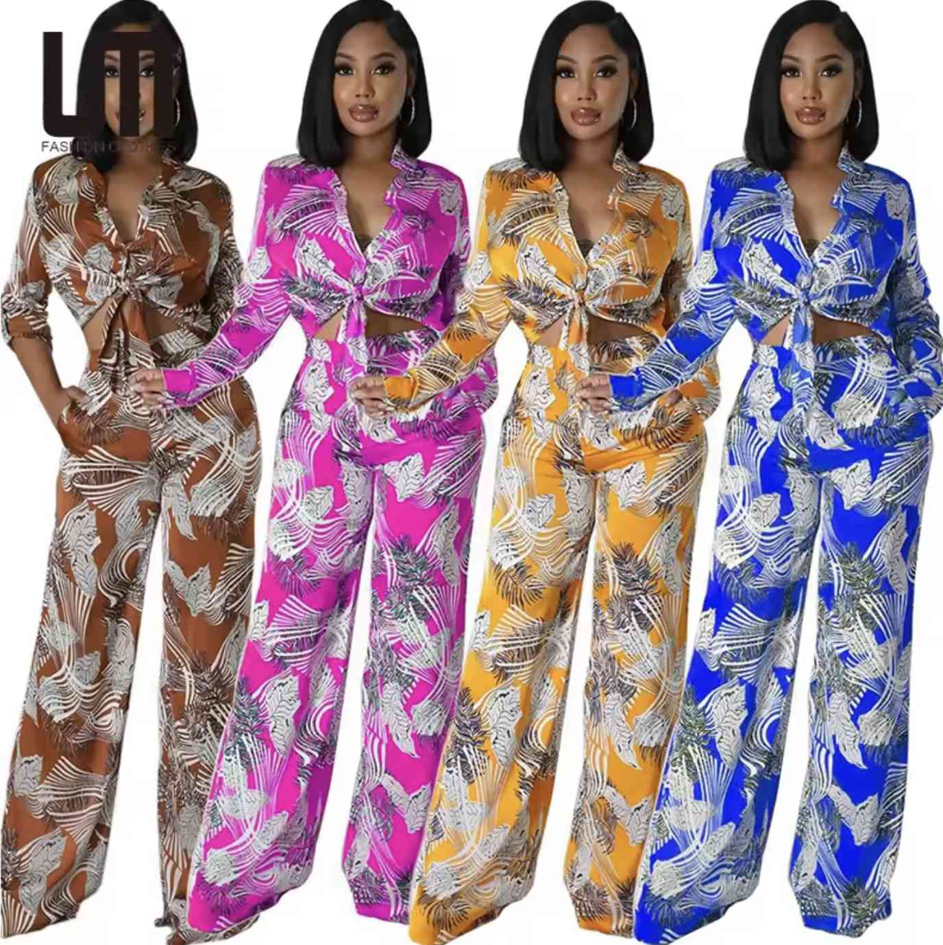 Popular Fashion Casual Women Loose Two Piece Set Print Suits Shirt And Wide Leg Long Pants