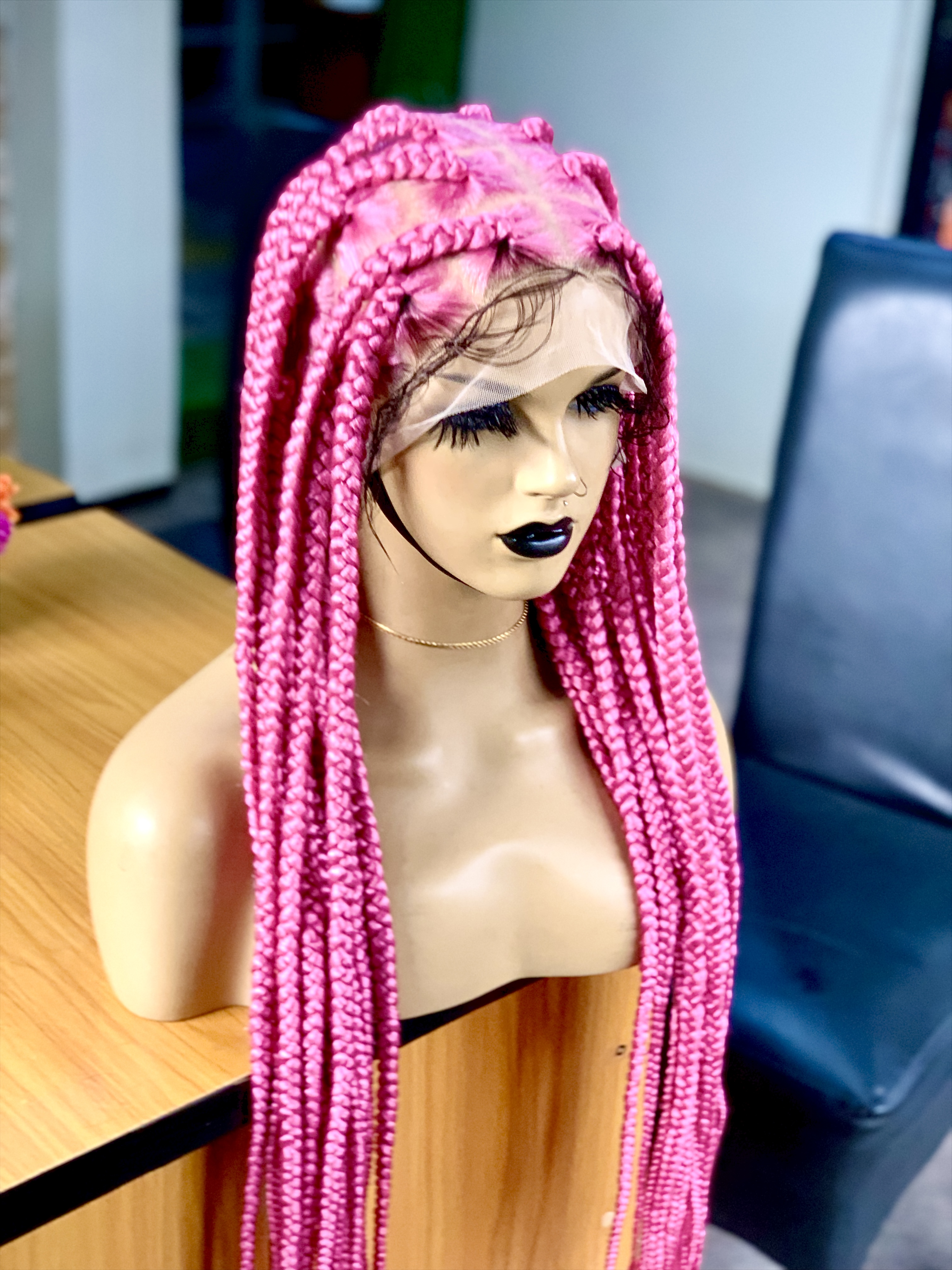 Jumbo braids, braided wig, long length, handmade wig, pink hair, baby hairs