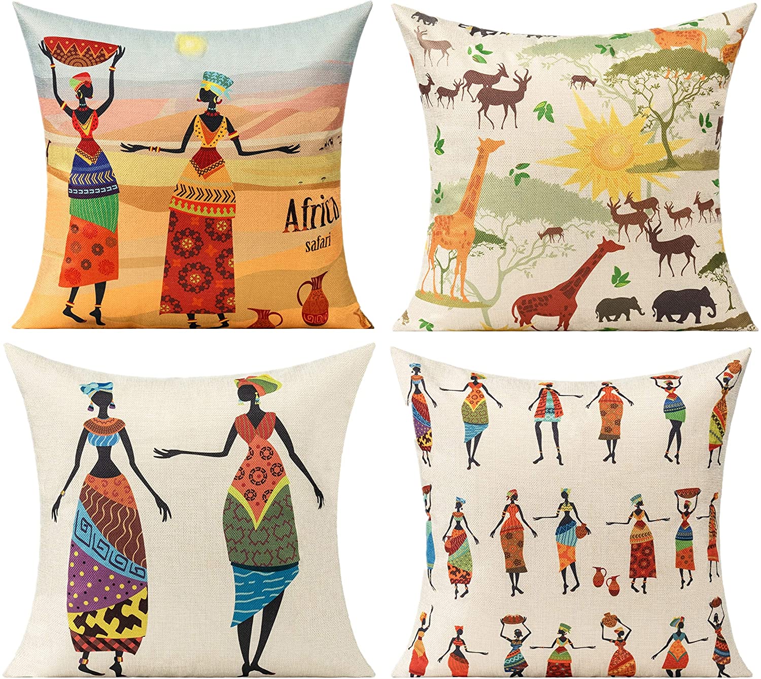 African Cushion Covers Traditional Print Pillowcases Savannah Animals for home Decor 18"