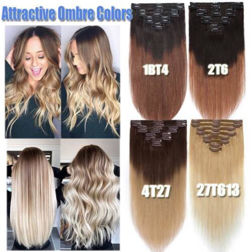 100% Real Natural Clip in Hair Extensions Full Head 8 Piece Set Long as Human UK