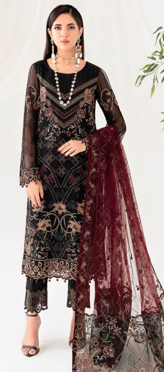 Stylish Fency DressEmbroidered Chiffon Front With sequins Embroidered Chiffon Back Pasting Embroidered Chiffon Sleeves Embroidered Organza Sleeves lace Embroidered Organza Ghera Lace Embroidered chiffon Dupatta Raw Silk Trouser 2.5 meter Embroidered Organ in GH