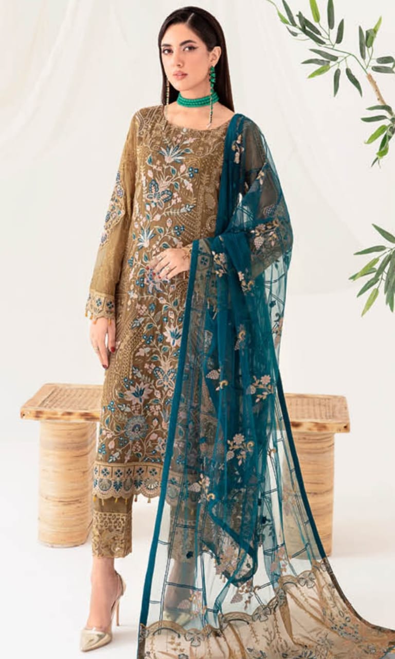 DeEmbroidered Chiffon Front With sequins Embroidered Chiffon Back Pasting Embroidered Chiffon Sleeves Embroidered Organza Sleeves lace Embroidered Organza Ghera Lace Embroidered chiffon Dupatta Raw Silk Trouser 2.5 meter Embroidered Organza trouser lacesi in GH