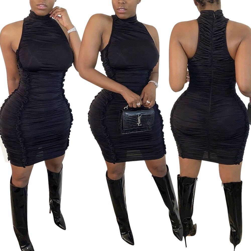 Sleeveless black hot hip solid color wood ears clothes women dress