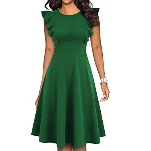 Women's Vintage Dress Ruffle Flared A Line Swing Casual Cocktail Party Dresses with Pockets